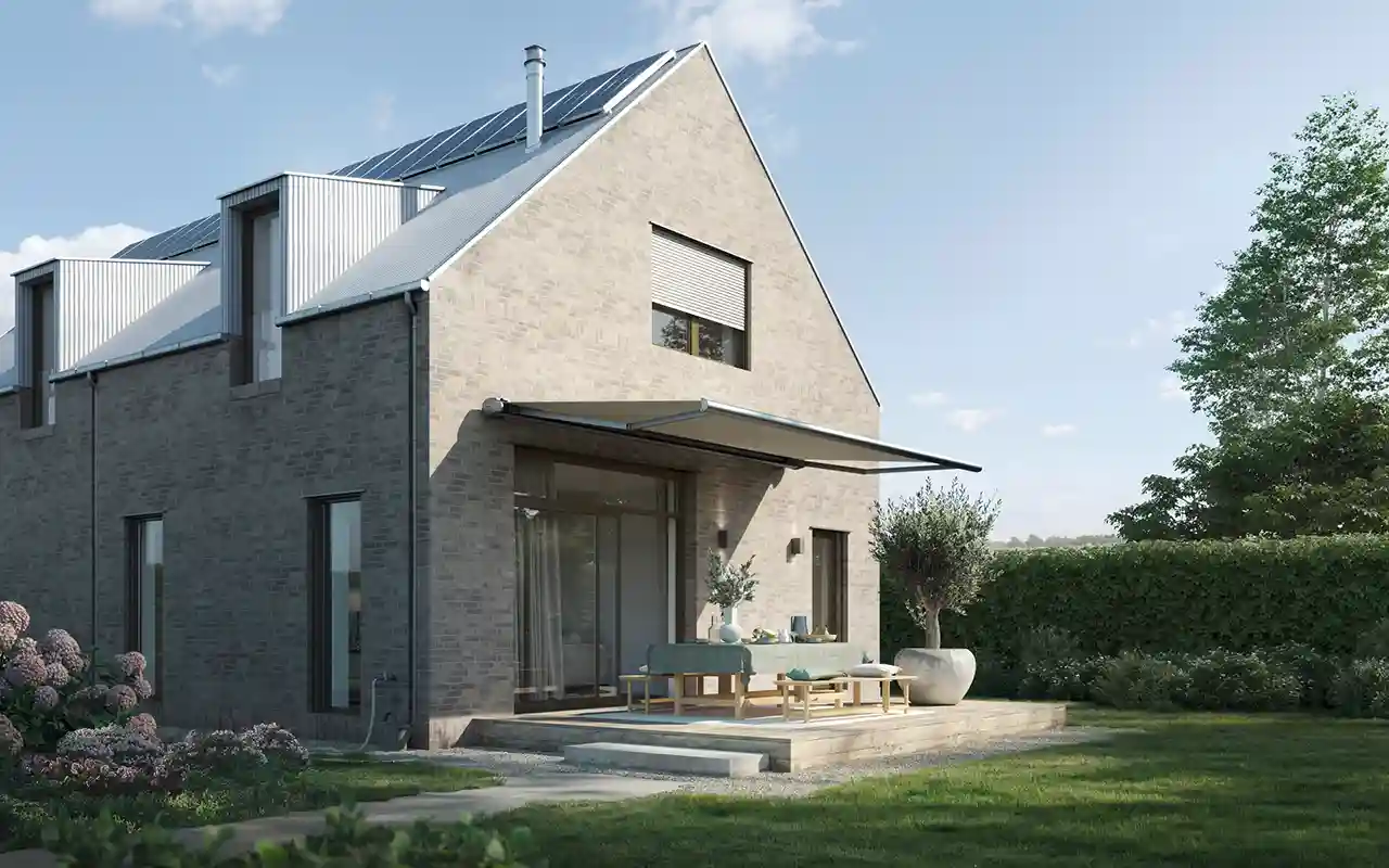 Gemütliche Terrasse mit einer Markise Modernes Einfamilienhaus mit Terrasse und Markise