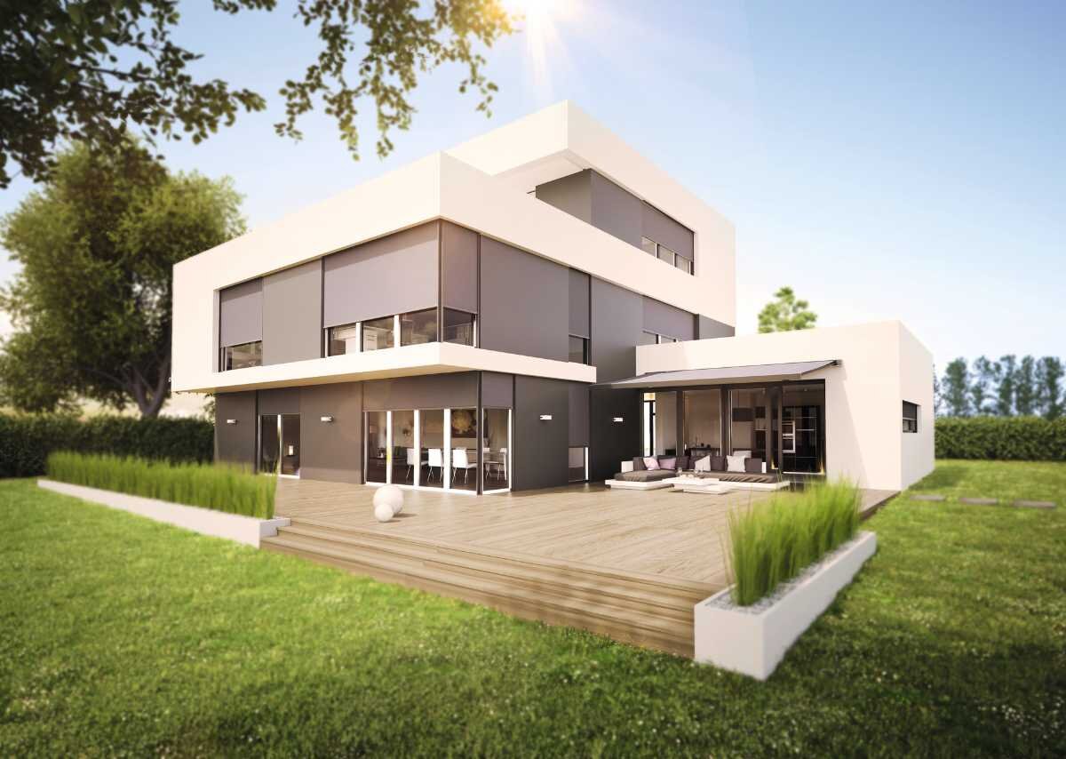 Modernes Haus mit Fenstermarkisen als Sonnenschutz