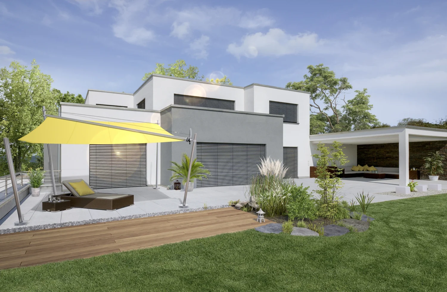 Modernes Einfamilienhaus mit Sonnensegel und Garten